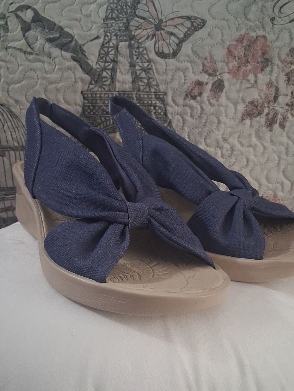 Womens Navy Bow Slingback Wedge Sandals Sz 11